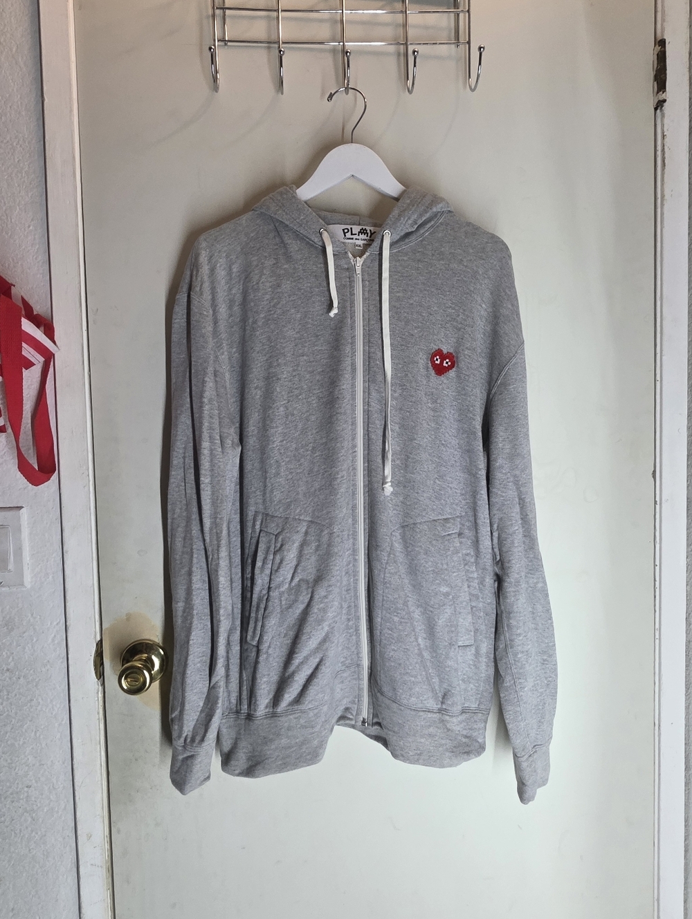 COMME DES GARCONS PLAY x Invader Pixel Heart Embroidered Gray Full Zip Hoodie